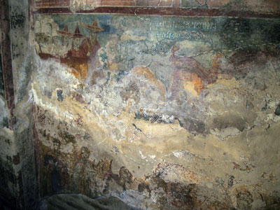 Пренос моштију патријарха Никифора, остаци зидног сликарства са јако великим структурним оштећењима.